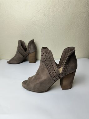 Fergie Harrison 6M Taupe Suede Open-Toe Block Heel Booties